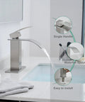 Brushed Nickel Waterfall Bathroom Faucet With Modern Single Handle For 1 Or 3 Holes With Deck Plate No Splash Water Flow