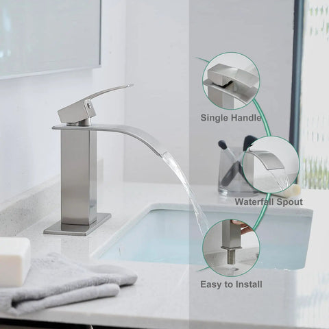 Brushed Nickel Waterfall Bathroom Faucet With Modern Single Handle For 1 Or 3 Holes With Deck Plate No Splash Water Flow