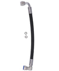 Hydraulic hose vertical view: black rubber hose with metal 90-degree end fittings and two O-rings.