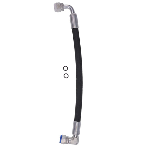 Hydraulic hose vertical view: black rubber hose with metal 90-degree end fittings and two O-rings.