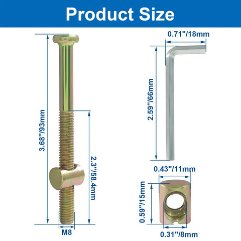 Product Size image of Badass M8 Barrel Bolt and Nuts Set 90mm Galvanized Carbon Steel Hardware for Furniture Assembly.
