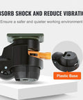 Four Pack Heavy Duty Leveling Casters With Smooth Roller Swivel Wheels And Quick Twist Height Adjustment Handles For Big Time Workshop Stability Plus Rubber Floor Savvy Workbench Pads close-up of caster with shock-absorbing feature and plastic base