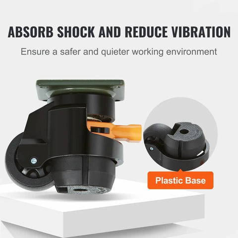 Four Pack Heavy Duty Leveling Casters With Smooth Roller Swivel Wheels And Quick Twist Height Adjustment Handles For Big Time Workshop Stability Plus Rubber Floor Savvy Workbench Pads close-up of caster with shock-absorbing feature and plastic base