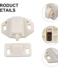 Five Pack Door Roller Catch Set With Spring Loaded Strike In White ABS For Cabinets and Closets, showing detailed parts view