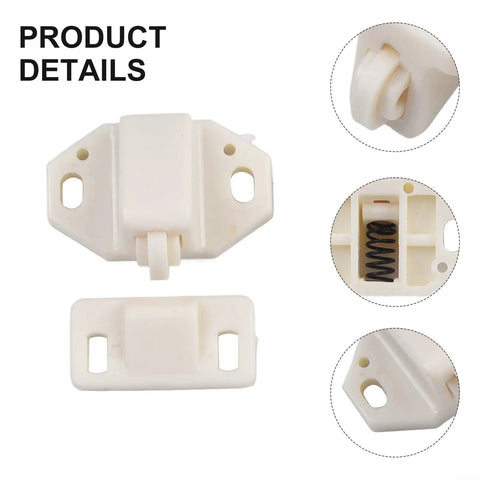 Five Pack Door Roller Catch Set With Spring Loaded Strike In White ABS For Cabinets and Closets, showing detailed parts view