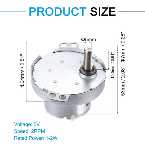 Slow Speed 5V DC D Shaft Gear Motor JS50T With CW CCW 2 RPM shown with dimensions for 3D printers and DIY projects.