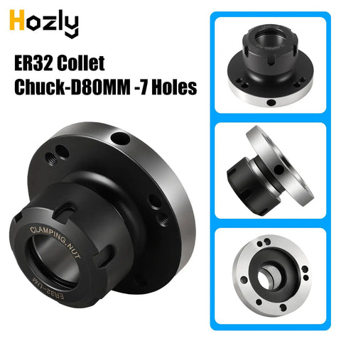 ER32 Collet Chuck 80mm Diameter 7 Hole Precision Lathe Tool For CNC Milling And Engraving, side and top view shown