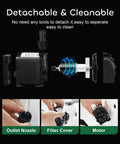2-Pack 550GPH Submersible Pump 30W Ultra Quiet Fountain Water Pump parts, showing detachable nozzle, filter cover, and motor components
