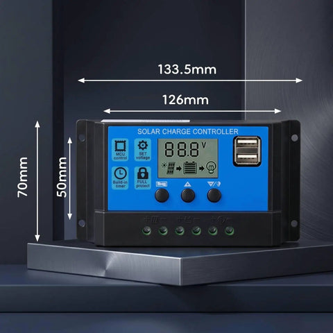 Powerful 12V 24V PWM Solar Controller With LCD Display And USB Output, 100A MPPT Style Solar Charger dimensions view
