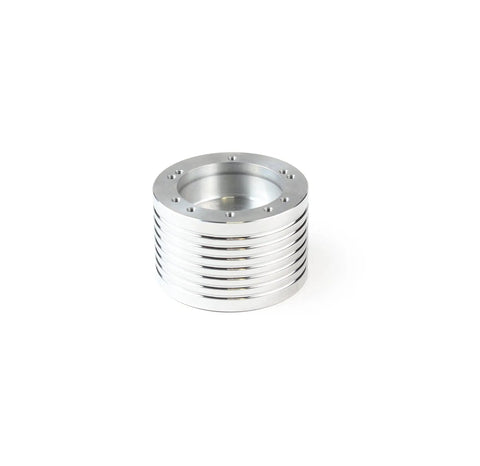 No Sweat Marine Steering Wheel Hub Adapter Fits 5 Or 6 Bolt Aftermarket Wheels Slick Polished Billet Aluminum cylindrical design.