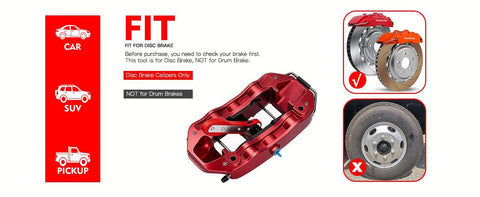 Front view of Mumicol brake caliper compression tool, red 360° ratcheting piston compressor with 2 steel plates