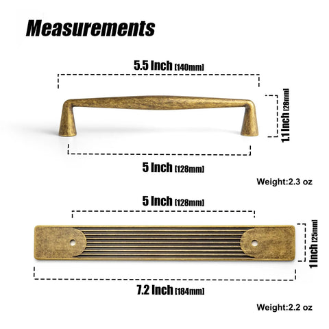 Image showing measurements of Antique Brass Zinc Alloy Cabinet Handle With Backplate 5 Inch Hole Center 128mm Cabinet Pull Hardware.