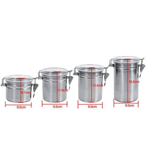 Heavy Duty Airtight Stainless Steel Coffee Canister Keeps Your Daily Grind Fresh And Locked Tight For Kitchen Storage, four sizes displayed.