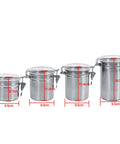 Medium Size Food Grade Stainless Steel Coffee Canister With Clear Lid Heavy Duty Build For Tea And Sugar Pantry Storage Keeps Fresh Goods Crisp Rust Free Kitchen Must Have, shown in various sizes.