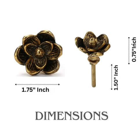 Six Pack Gold Antique Knobs Vintage Floral Flower Handle Cabinet Knobs dimensions and side view with hardware