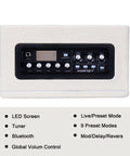 Front view of 15W Practice Guitar Amp With 9 Digital Amp Models, 6.5 Inch Speaker, Bluetooth, displaying controls and LED screen.