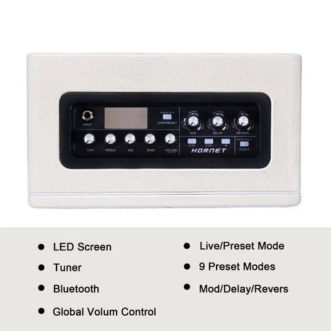 Front view of 15W Practice Guitar Amp With 9 Digital Amp Models, 6.5 Inch Speaker, Bluetooth, displaying controls and LED screen.