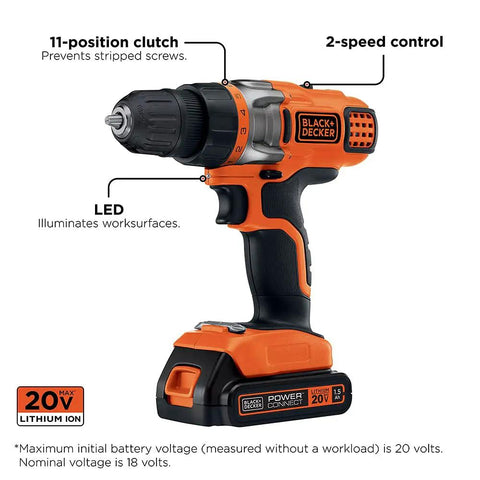 20V Max Cordless Drill Driver With Battery And Charger, LED Work Light, Lightweight 3.5 Lb, 2-Speed Control, 11-Position Clutch