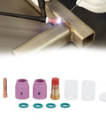 Heavy Duty 12 Pc Tig Welding Accessory Kit With Gas Lens Ceramic Nozzle Collet Set High Thermal Stability For Wp 17 18 26 Argon Gun Copper Glass Parts components arranged on a work surface.
