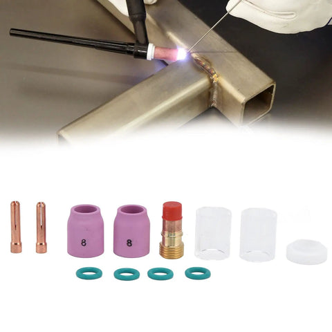 Heavy Duty 12 Pc Tig Welding Accessory Kit With Gas Lens Ceramic Nozzle Collet Set High Thermal Stability For Wp 17 18 26 Argon Gun Copper Glass Parts components arranged on a work surface.