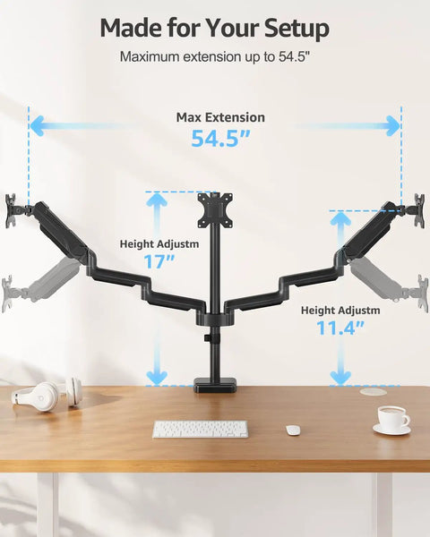 Triple Monitor Desk Mount For Up To 27 Inch Screens, Heavy Duty Arm System With Each Arm Holding 4.4 To 19.8 Lbs, Black