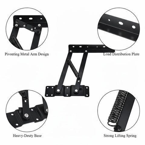 Heavy Duty Lifting Hinge Pair For Lift Top Storage Furniture, Black Cold Rolled Steel, with pivoting metal arm and spring