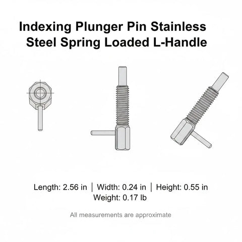 Industrial Stainless Steel Indexing Plunger Pin With Spring Loaded L Handle For Machinery Fixtures, detailed dimensions and angles shown.