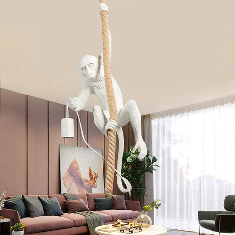 Monkey Pendant Light Fixture With Hemp Rope, Dope Vintage Loft Style Chandelier in white finish over modern living room.