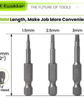 Three hex head screwdriver bits 1.5mm, 2.5mm, 3mm, marked 50mm length, with 1/4 inch hex head, for precision work.