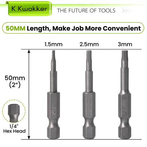 Three hex head screwdriver bits 1.5mm, 2.5mm, 3mm, marked 50mm length, with 1/4 inch hex head, for precision work.