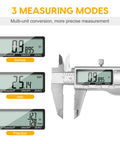 6 Inch Digital Caliper In Stainless Steel With Inch Metric And Fractions Conversion Large LCD Display Accurate To 0.01mm Perfect For DIY Home And Professional Use showing three measuring modes.
