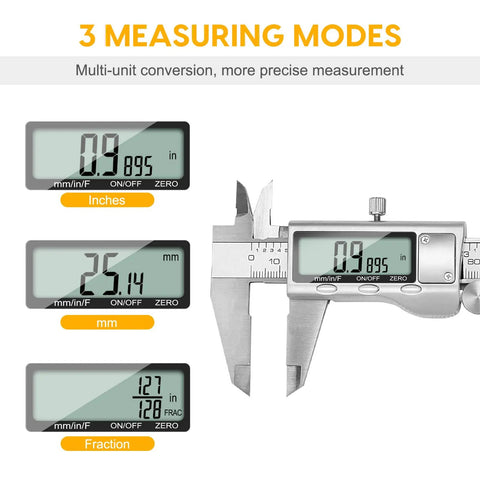 6 Inch Digital Caliper In Stainless Steel With Inch Metric And Fractions Conversion Large LCD Display Accurate To 0.01mm Perfect For DIY Home And Professional Use showing three measuring modes.