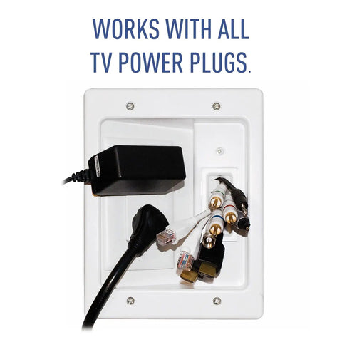 Hide Cable Clutter With An In Wall TV Power Kit Featuring Surge Protected Outlet And Recessed Wall Box with plugged cables