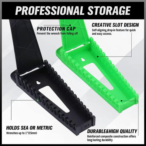 30-Piece Wrench Organizer Set With Dual Portable Racks For SAE And Metric Wrenches, Snap-Lid Secure Storage, black and green slots