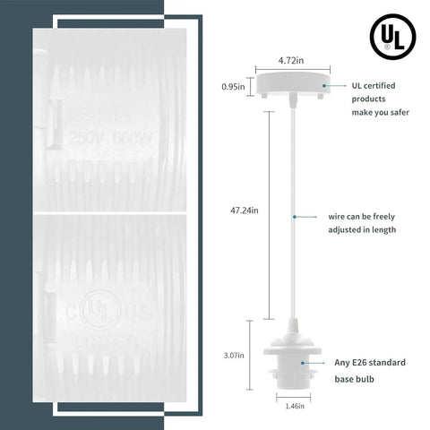 Diagram showing dimensions of Top Tier Industrial Mini Pendant Light Kit With Kickass Retro Vibe And Heavy Duty Build Plus Standard E26 Socket For Modern Homes Kitchens And Warehouse Lofts In White.