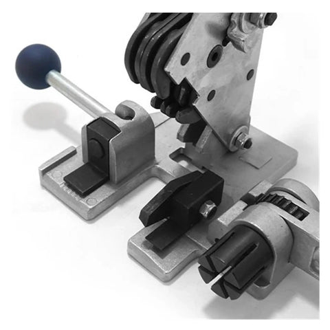 Detail of Heavy Duty 3 In 1 Manual Strapping Machine Tool For Tightening, Locking And Cutting Steel Plastic Bands. Close-up on metal components.