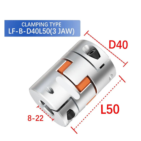 Plum Jaw Shaft Coupling With Buffer Structure For CNC Motors 8mm Bore And Clamp Locking To Prevent Slipping On Servo Stepper Systems D40 L50 Aluminum Body with dimensions displayed.
