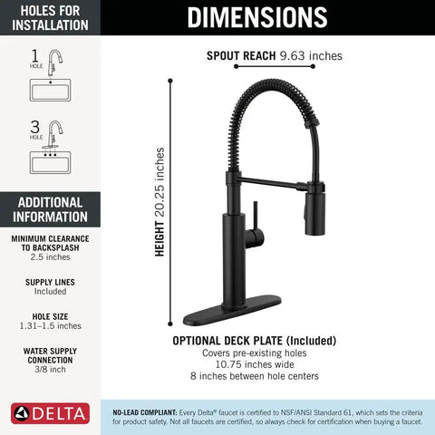 Dimensions of Heavy Duty Slick Finish Kitchen Faucet With Smooth Pull Down Spray Single Handle Matte Black Build.