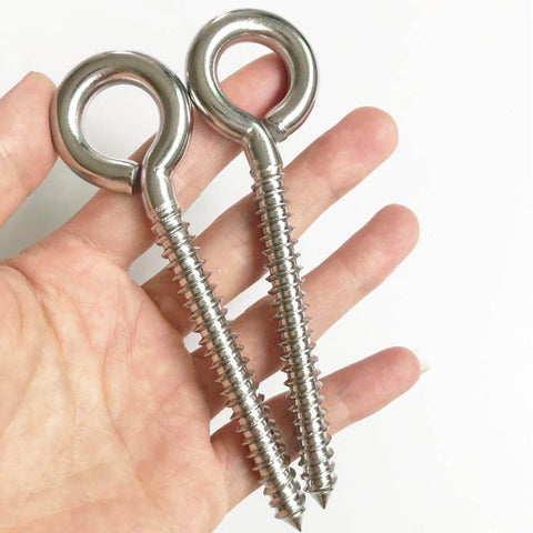 Close-up of two stainless steel eye screws from 4 Pack M8 Heavy Duty Swing Hooks Eye Screws 1200Lb Capacity Hammock Hanging Kit.