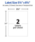 Half Sheet Shipping Labels For Inkjet Printers 5.5 X 8.5 Inches White Customizable Mailing Stickers 50 Count dimensions 5.5x8.5 inches labels per sheet