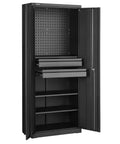 Front view of heavy duty metal storage cabinet built tough with 180 lb shelf load, 70.87 inch tall garage tool cabinet with dual locking doors