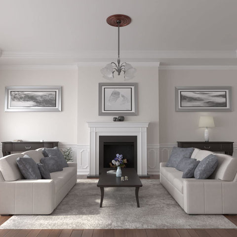 Living room with Antique Copper Ceiling Medallion for 9-1/8 in canopies, 25-3/8 in OD installed above a chandelier.