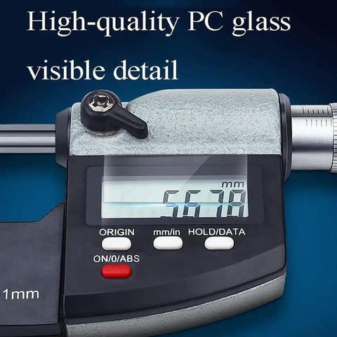 Digital Outside Micrometer with 0.001mm Accuracy showing display, stainless steel build with buttons visible