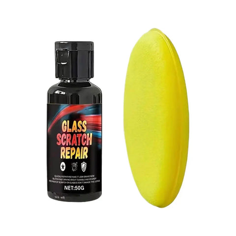 Fast Acting Eyeglass Scratch Remover 50g bottle with a smooth yellow sponge for lens repair and polish against oxidation and foggy buildup.
