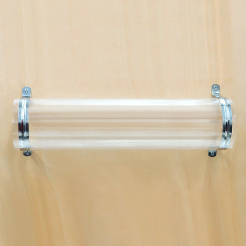 Clear Polycarbonate Dust Collection Pipe 4 Inch By 36 Inch With Stainless Steel Hangers on wooden wall