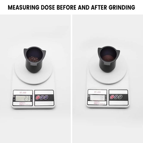54mm Espresso Dosing Cup with Grinder Activating Ring on scale, showing coffee beans and grounds for precise dosing