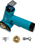 Bluebow Cordless Electric Scissors With Rechargeable Battery For Cutting Cardboard Box 1/4 Inch Thick Heavy Duty Power Tool showing LED display and USB-C port.