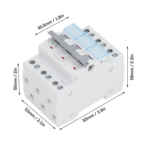 Manual Transfer Switch For 400VAC 63A 3 Pole DIN Rail Mount Isolating Circuit Breaker, IP20 Rated, dimensions labeled