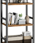 Three Tier Narrow Bookshelf With Heavy Duty Steel Frame Rustic Brown Bookcase Storage Organizer For Living Room Home Office Display Rack showcasing books, decor, and plants.