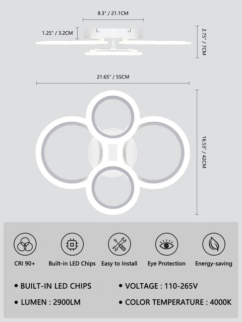 Dope Four Ring LED Ceiling Light Modern Flush Mount White Fixture 4000K Daylight Glow For Kitchen Bedroom Living Room And Laundry Room Sleek Minimalist Design With Effortless Install